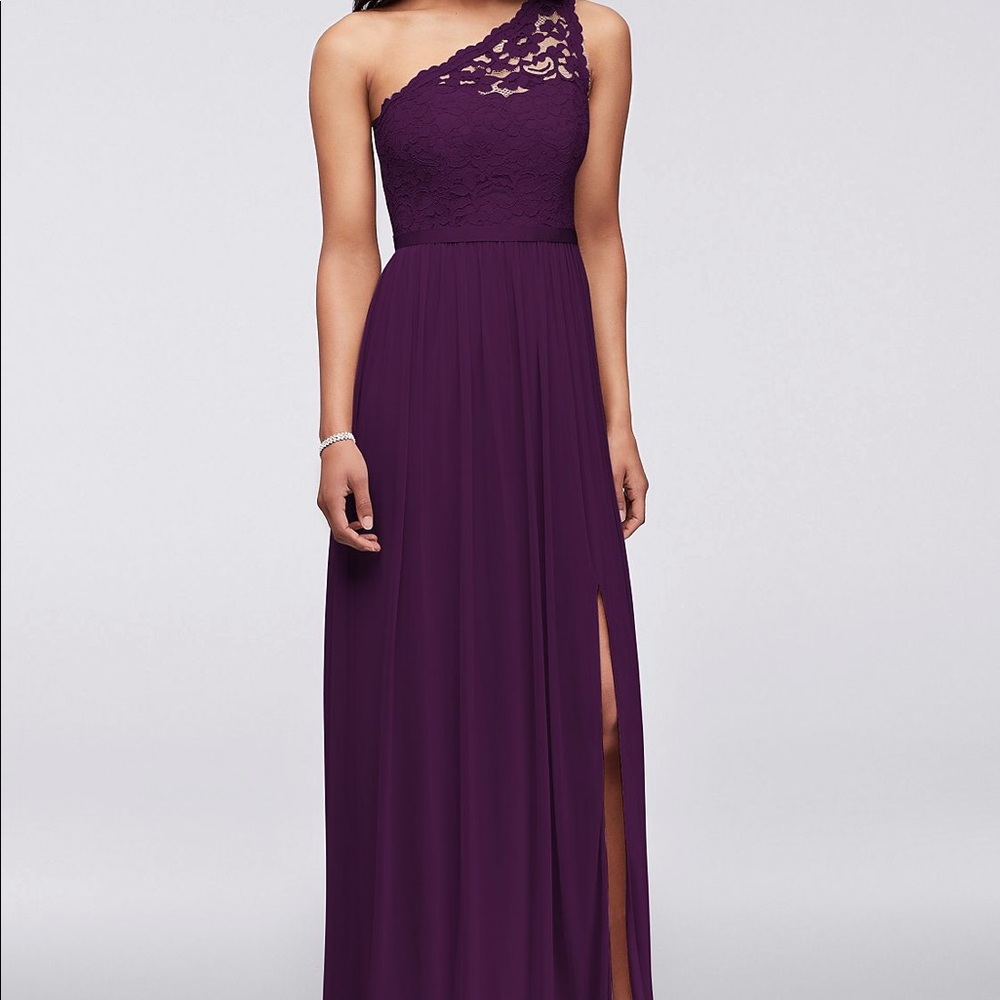 Plum LONG ONE SHOULDER LACE BRIDESMAID DRESS